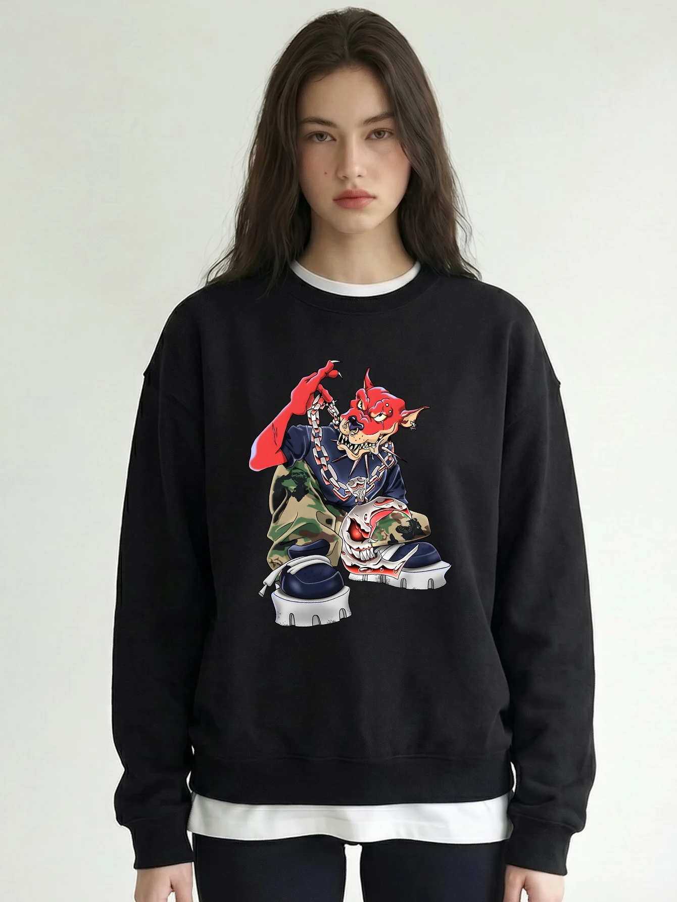 Hip-hop style devil round neck sweatshirt for women, fleece lining for warmth, Halloween women's clothing, women's autumn