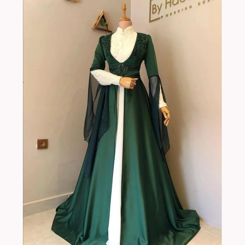 

Green White Women's Dress Customized Cheongsam Collar Long Sleeve A-Line Gown Elegant Muslim Sequined Evening Party Dress