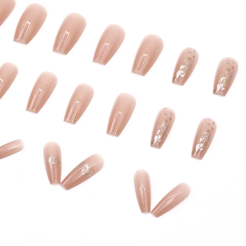 24 pçs moda nude rosa glitter longo quadrado unhas falsas com adesivo de geléia destacável capa completa imprensa em unhas artificiais