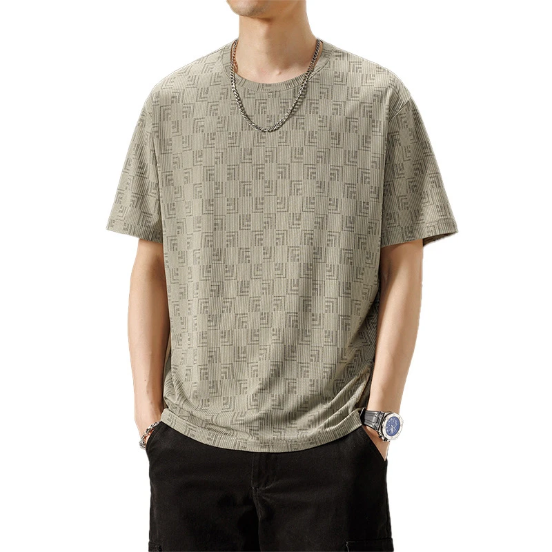 Men's Ice Silk Crew Neck T-shirt, Summer Thin Breathable Full Print Short Sleeve Loose Plus Size Casual Tee