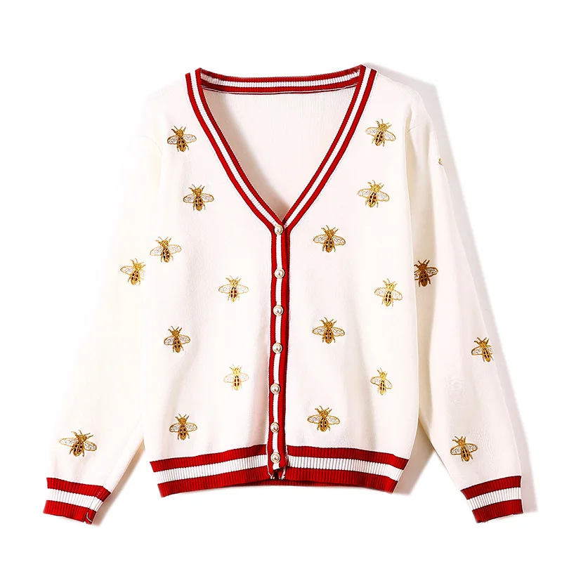 High Quality Fashion 2024 Vintage Bee Embroidery Knit Cardigan Long Sleeve Single Breasted Contrast Color Knitted Sweaters