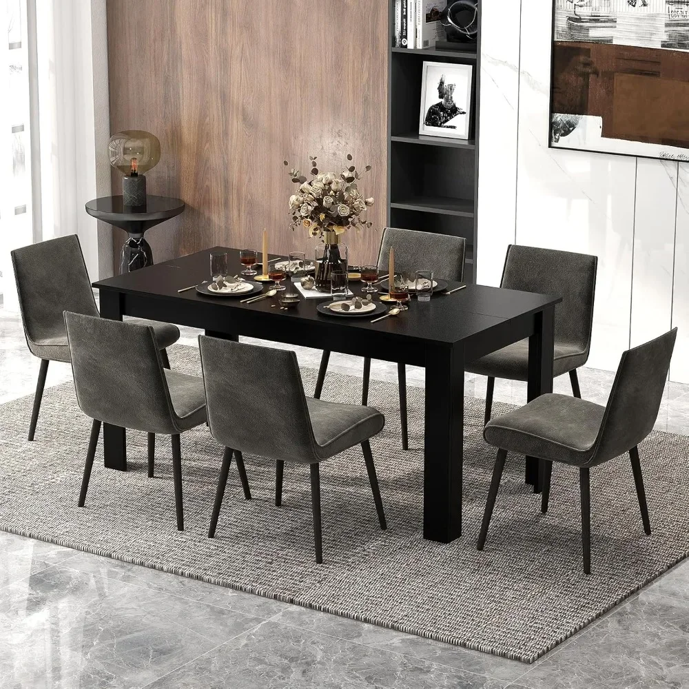 Dining Table for 4-6 People, 63” Rectangular Dining Room Table, Farmhouse Dinette Table with Large Computer Workstation (Black)