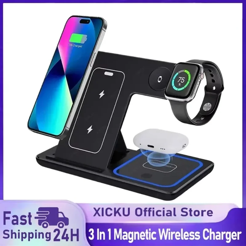 LED Fast Wireless Charger Stand 3 In 1 Foldable Charging Station For iPhone 17 16 15 14 13 12 Apple Watch 9 8 7 6 5 Airpods Pro