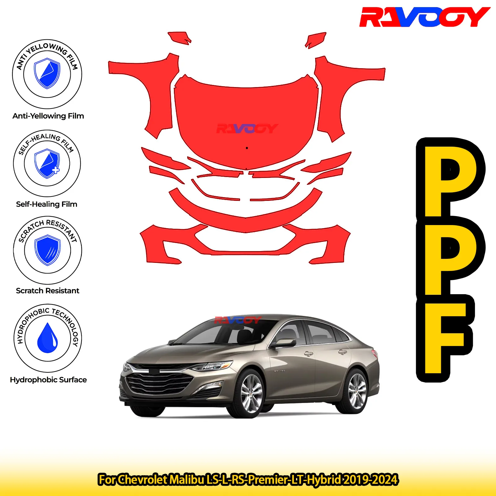

For Chevrolet Malibu LS-L-RS-Premier-LT-Hybrid 2019-2024 Glossy Matte Black Precut front PPF Kit Paint Protection Film