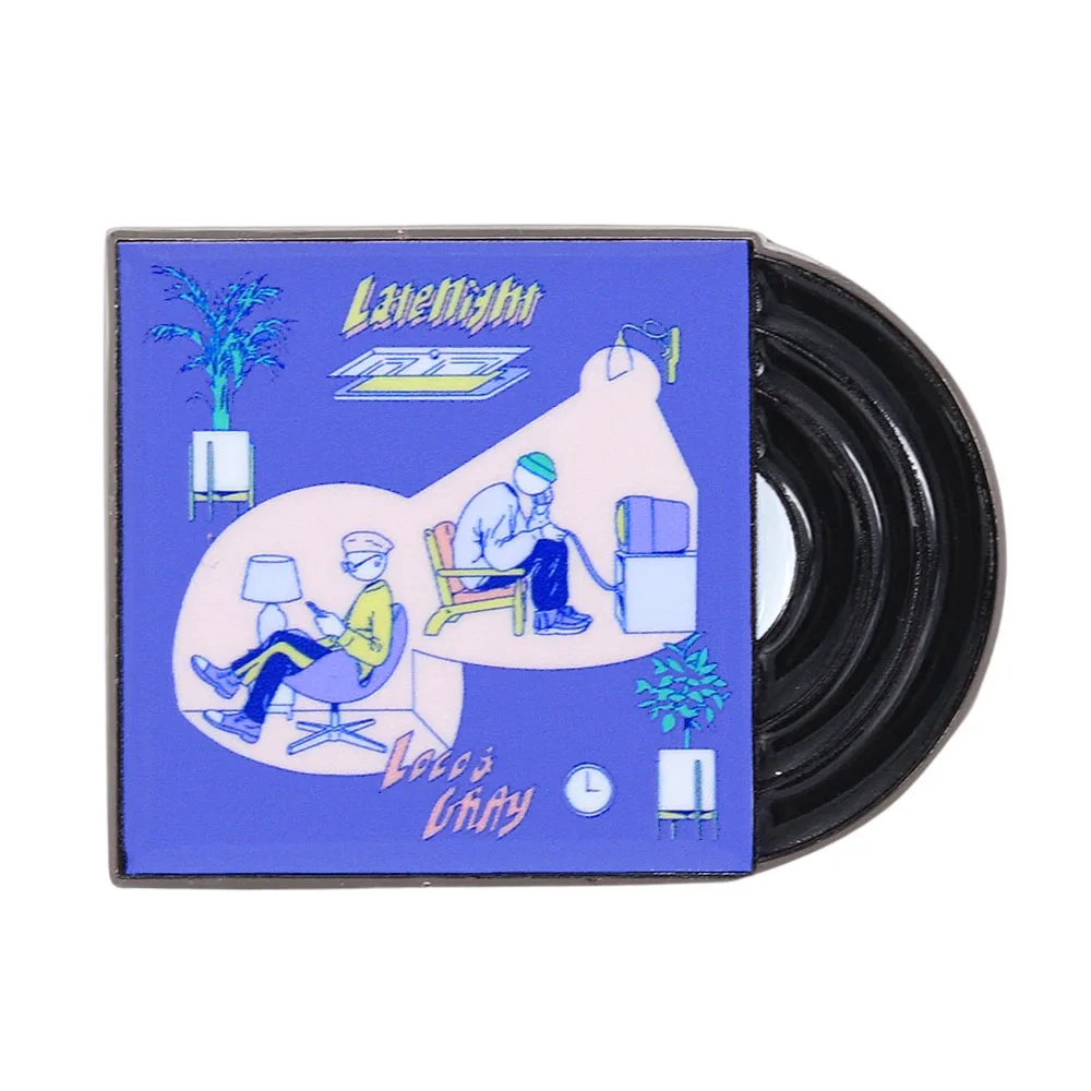 Bedroom Pop Style Vinyl Record Brooch Loco Gray Latenight Pop Electronic Record Badge Vintage Illustration Collection Enamel Pin
