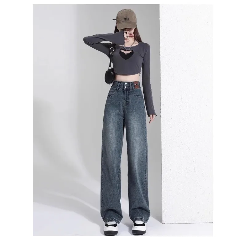 Koreańskie jeansy damskie w stylu vintage z wysokim stanem, proste nogawki, wygodne, wyszczuplające, w stylu Y2K, luźne, rozszerzane w dół, dla figury typu gruszka.
