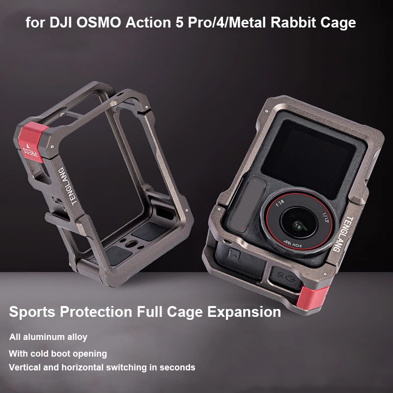 قفص ألومنيوم متعدد الوظائف مناسب لكاميرا Osmo Action 3 4 5pro إطار ألومنيوم خفيف الوزن متوافق مع ميكروفون DJI