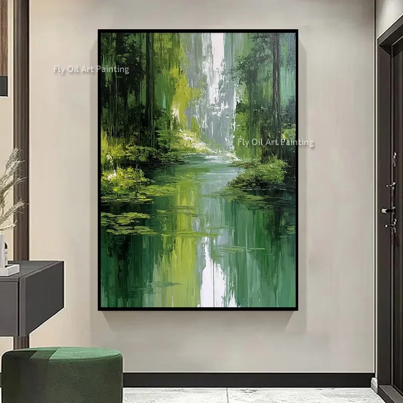 Green Jungle Reflection Canvas Art, Hand-Painted Natural Landscape Artwork, Fresh Home Wall Ornament