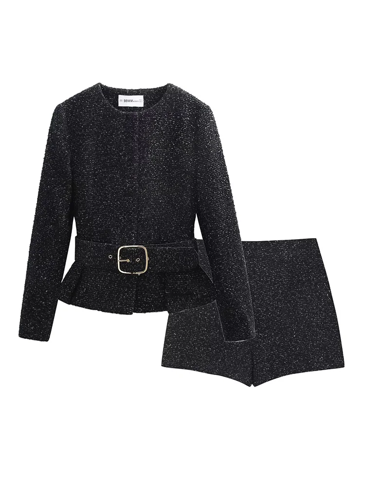 HH-Chaqueta elegante con cinturón y botones ocultos para mujer, chaqueta con textura de manga larga y falda pantalón con cremallera lateral, conjunto de pantalones cortos informales de otoño