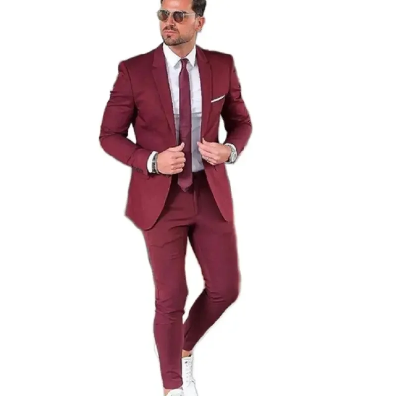 Elegant Custom Burgundy Men Suit Blazers For Party Prom 2 Pieces Red Suit For Men Groom Wedding Suits Notched Lapel Mens Tuxedos