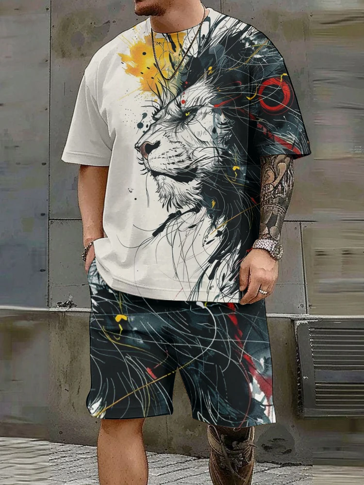 Casual Fashion Men's Short-sleeved Shorts Suit Majestic Lion Print Personalized Trend Two-piece Set Comfortable And Breathable