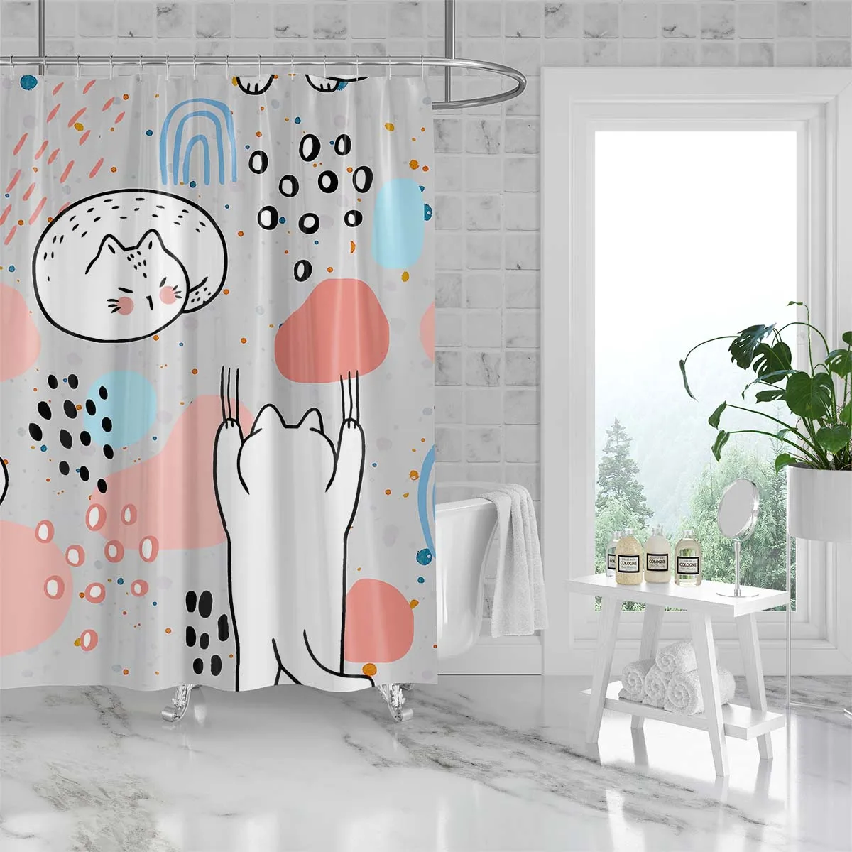 180x180cm bathroom waterproof polyester shower curtain, mold resistant, perforated with hooks, light gray pink cartoon kitten