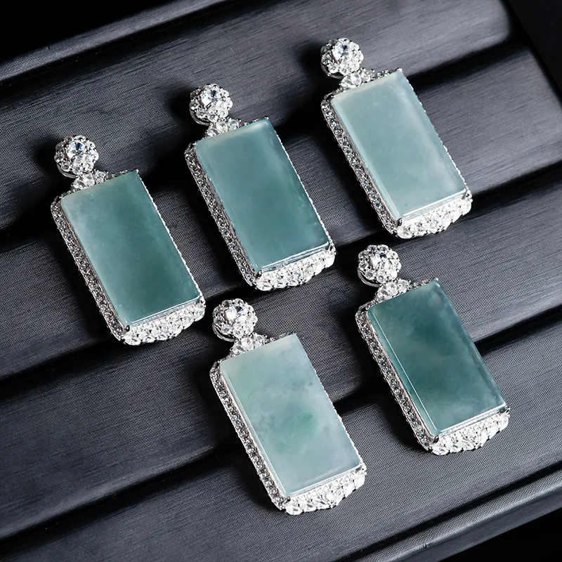 High End Natural A-grade Jadeite Blue Water No Trouble Sign S925 Silver Inlaid Ice Jade Pendant For Men's Women's Gifts Jewelry