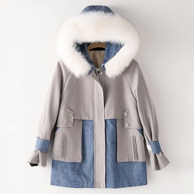 

2022New Winter Parkas Splicing Denim Women Jacket Cotton Jacket Female Parka Casual Hooded Thicken Warm Ladies Outwear TopsR2404