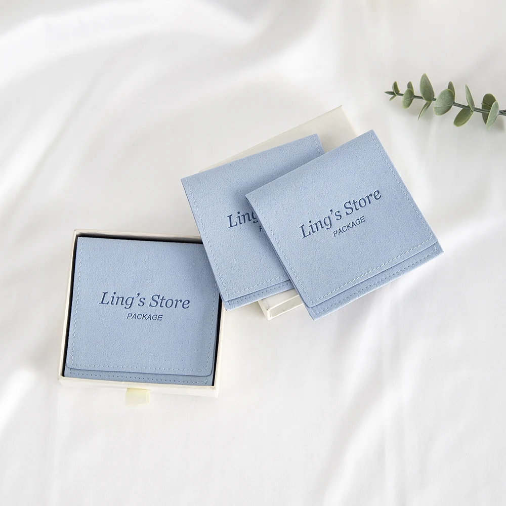 

50pcs Personalized Logo Baby Blue Microfiber Velvet Bag Envelope Suede Pouch Earring Ring Bracelet Pendant Organizer For Wedding