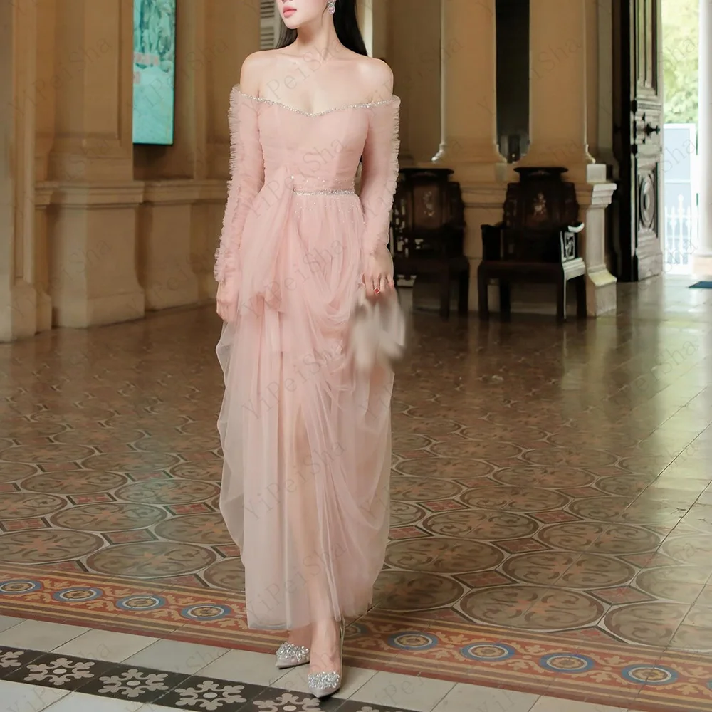 

Customized A-Line Prom Dresses Ankle-Length Off The Shoulder Full Sleeve Evening Gown Fashion Sequined Crystal Draped Party Gown