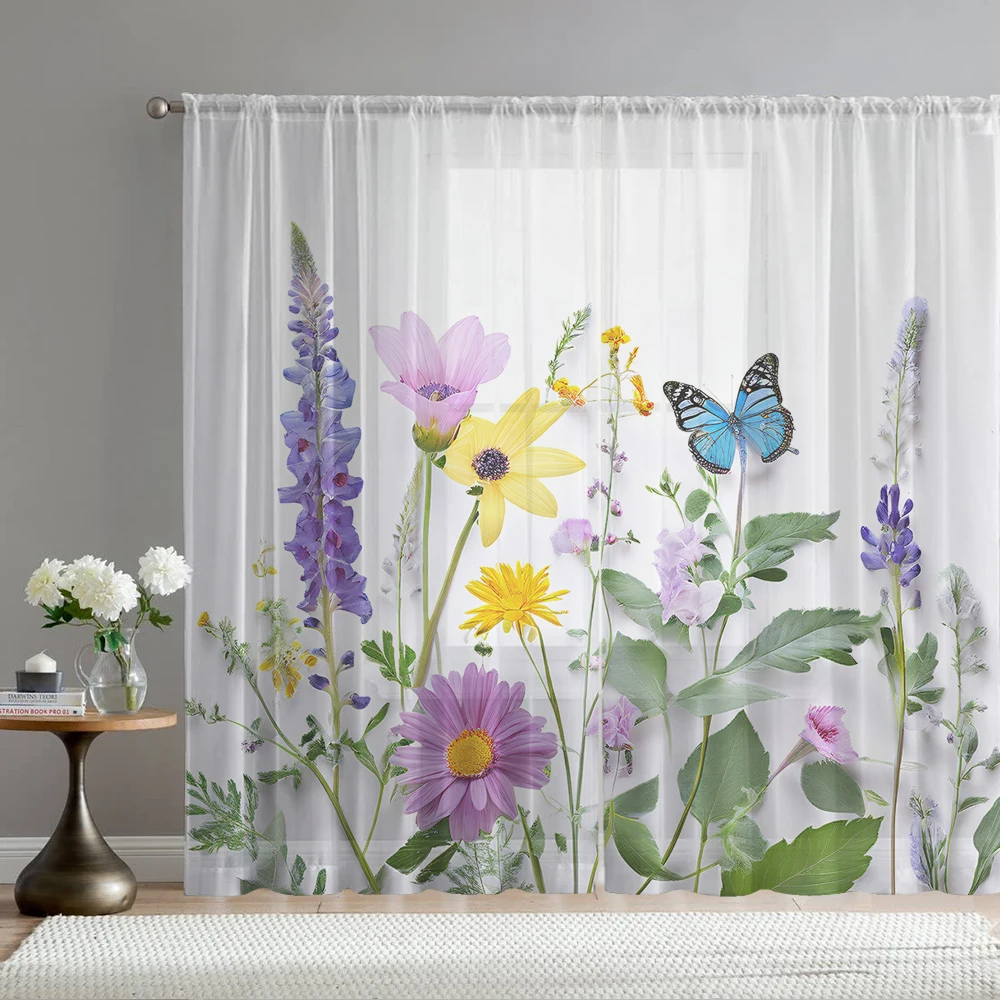 

2PCS Home decoration printed window screens, colorful flowers butterflies, with pole bags, suitable for kitchens, cafes, and