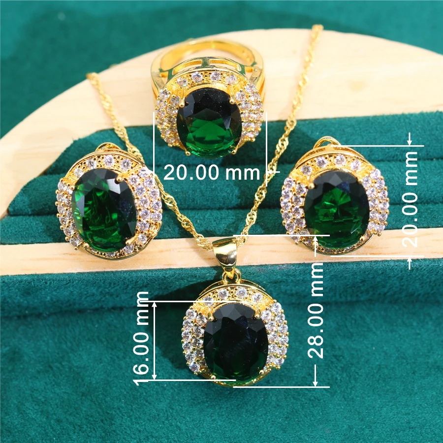 Women Gold-Color Wedding Jewelry Sets Bride Green Cubic Zirconia Dubai Luxurious Bracelet Ring Necklace Earrings Accessories