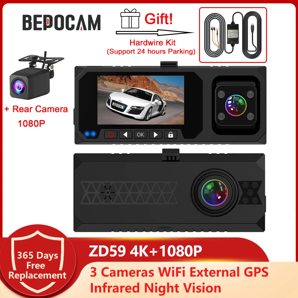 BEPOCAM 4K Lens Dash Camera Night Vision HD Car DVR External GPS 24H Parking Monitor Dashcam App Control 1080P Rear Camera ZD59