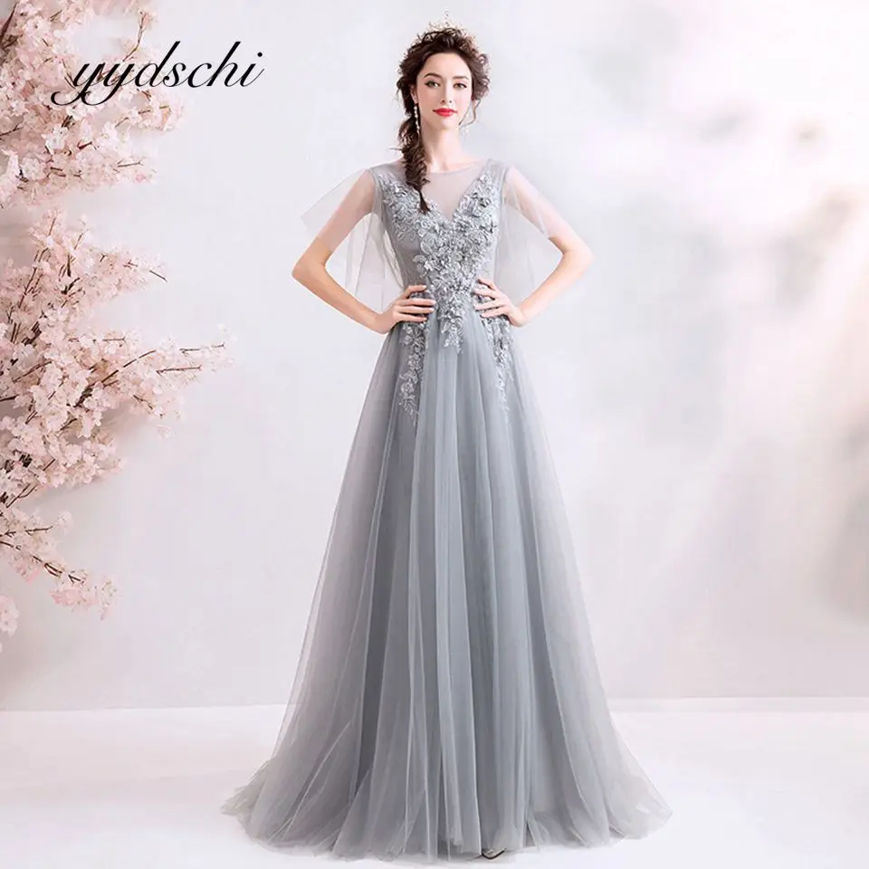 

2022 Elegant Grey Long Prom Dresses Elegant Tulle Appliques Floor-length Formal Dress For Women Evening Gown Vestidos De Gala