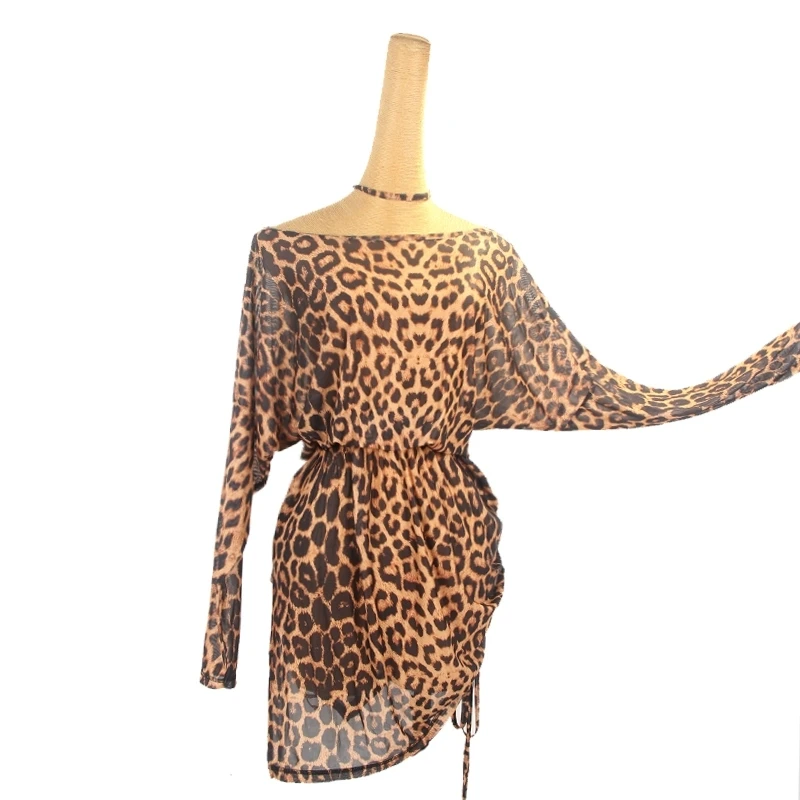 New Latin dance dress autumn long sleeved loose leopard print dress for women tango rumba samba professional training clothing