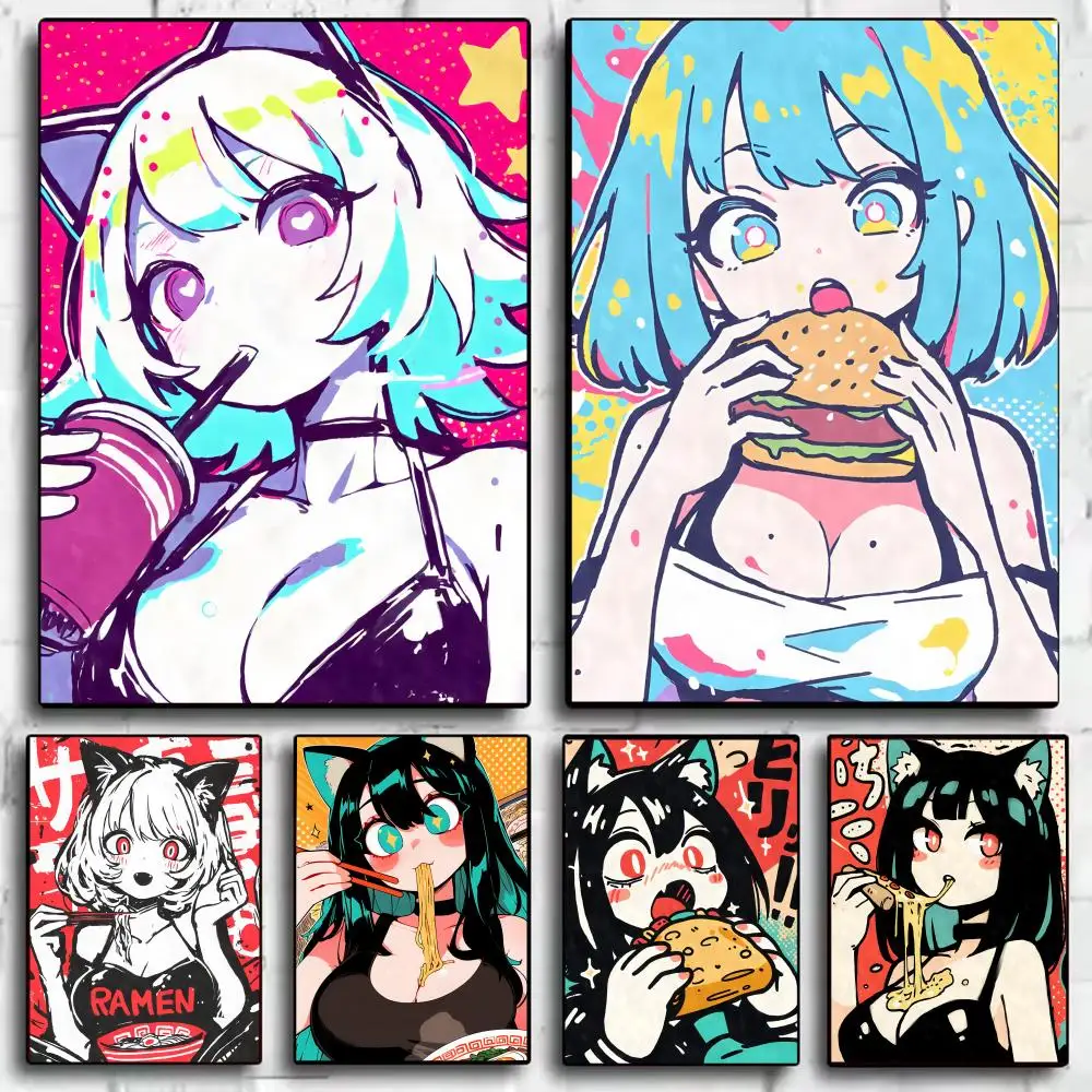 

Poster HD Art Sticky Wall Waterproof Home Living Room Bedroom Bar Aesthetic Decoration Anime Cat Girl with Beer