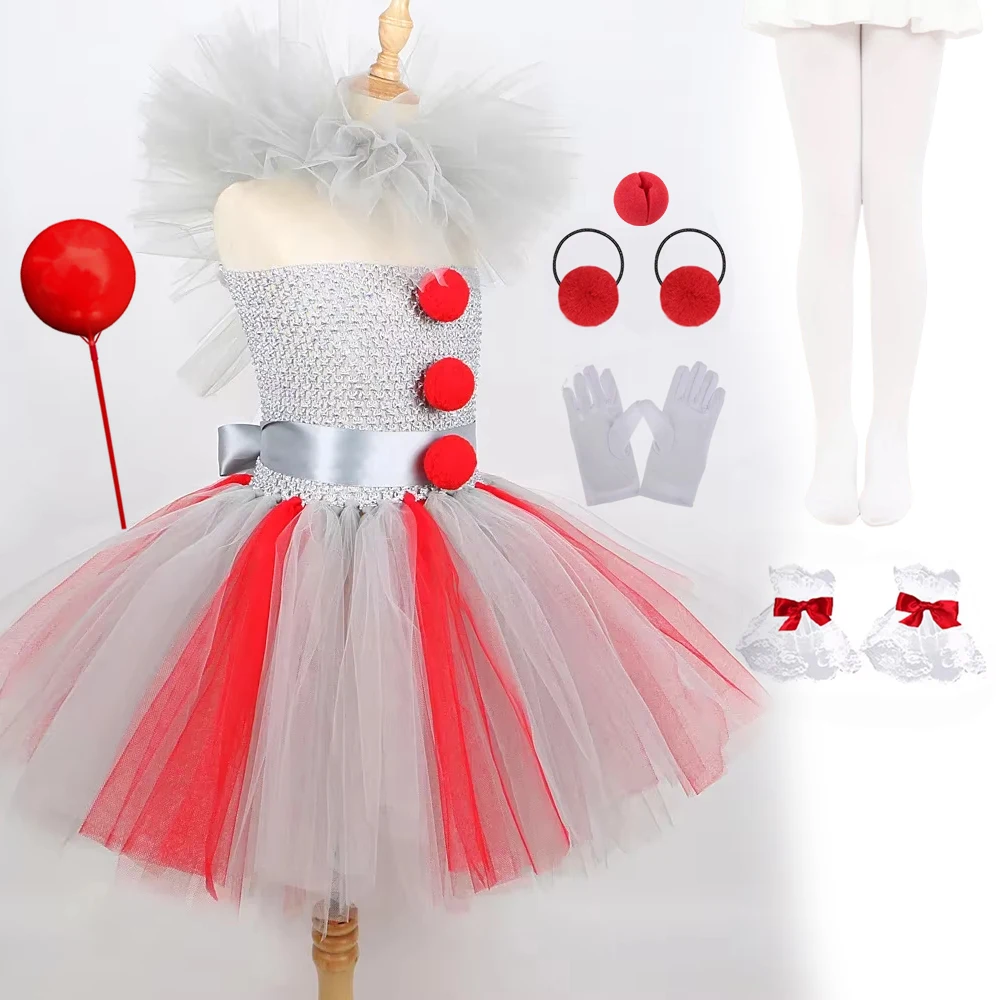 Halloween Gruseliger Clown Cosplay Kostüm für Mädchen Ärmelloses Rüschen-Tüllkleid mit Komplettem Set Kinder Maskerade Party Faschingsoutfit