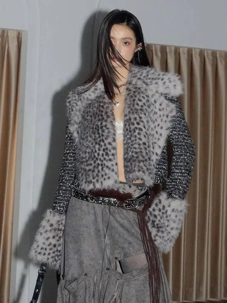 Leopard Detachable Short Elegant Faux Fur Jacket New Lapel Long Sleeve Women Coat Fashion Autumn Winter 2026 NZ6V