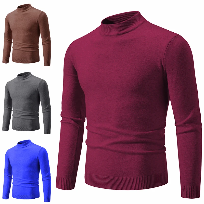 Autumn and Winter New Knitted Sweater Solid Color Warm Half High Neck Men's Knitted Sweater Men Sweater Pullover