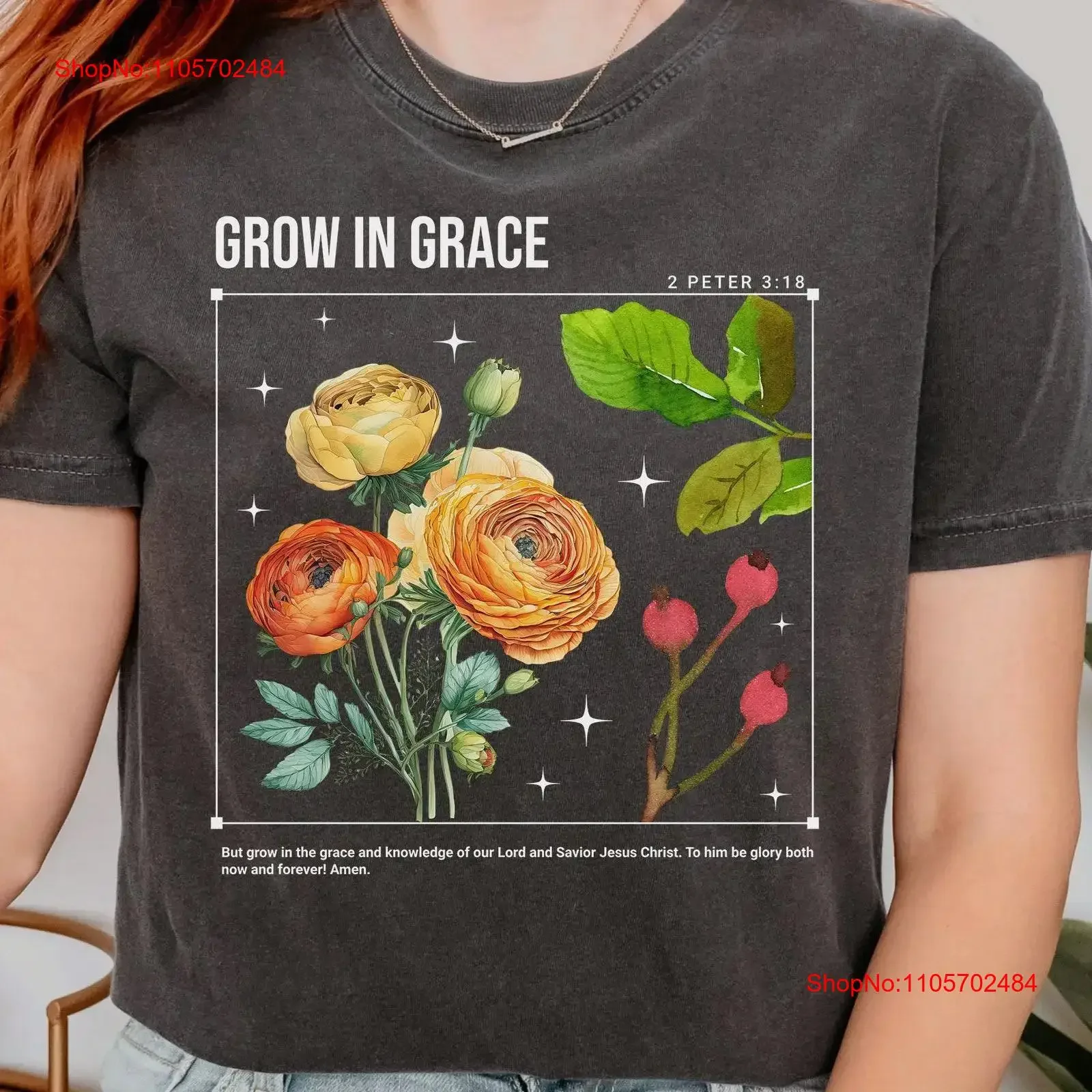 Boho Christian T Shirt Grow In Grace with Wildflowers Religious Bible Verse vintage Washed Comfortable designer clothes