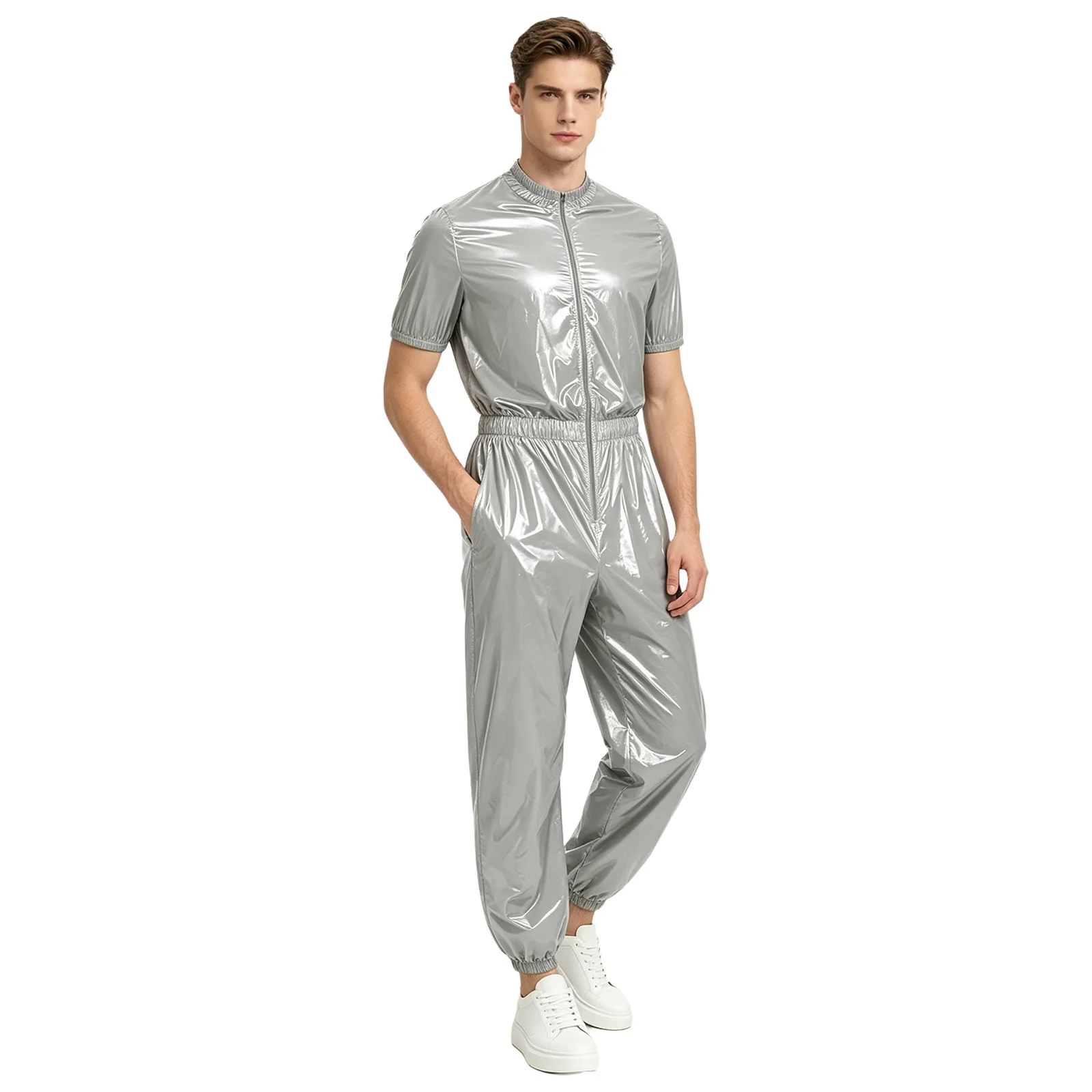 Mens Waterproof One Piece Unitard Jumpsuit Front Zipper Elastic Waist Side Pockets Jogging Pants Romper Raincoat Sauna Tracksuit view 3