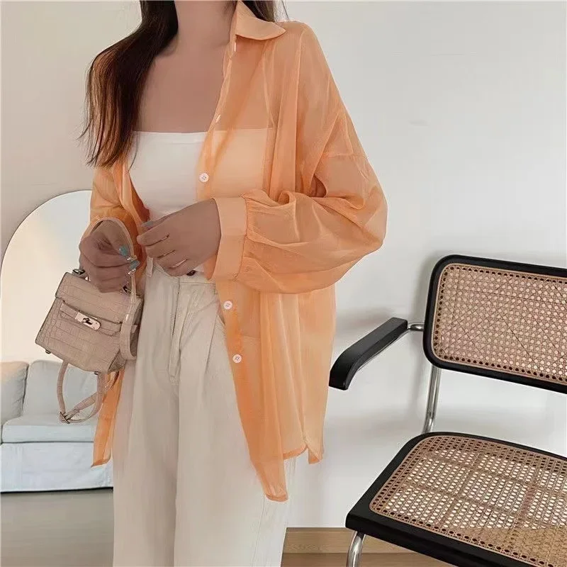 Shirt for Women Blouse Long Sleeve Top Chiffon Summer Simple Sun-proof Fashion All-match Basic Korean Sexy Solid Casual Shirt