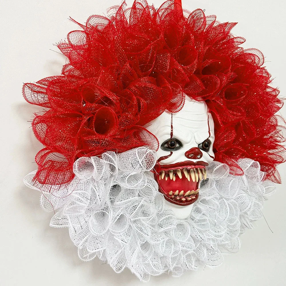 Halloween Clown Mask Wreath Scary Party Decor for Front Door Horror Masquerade Garland with Creepy Clown Face DIY Decorations