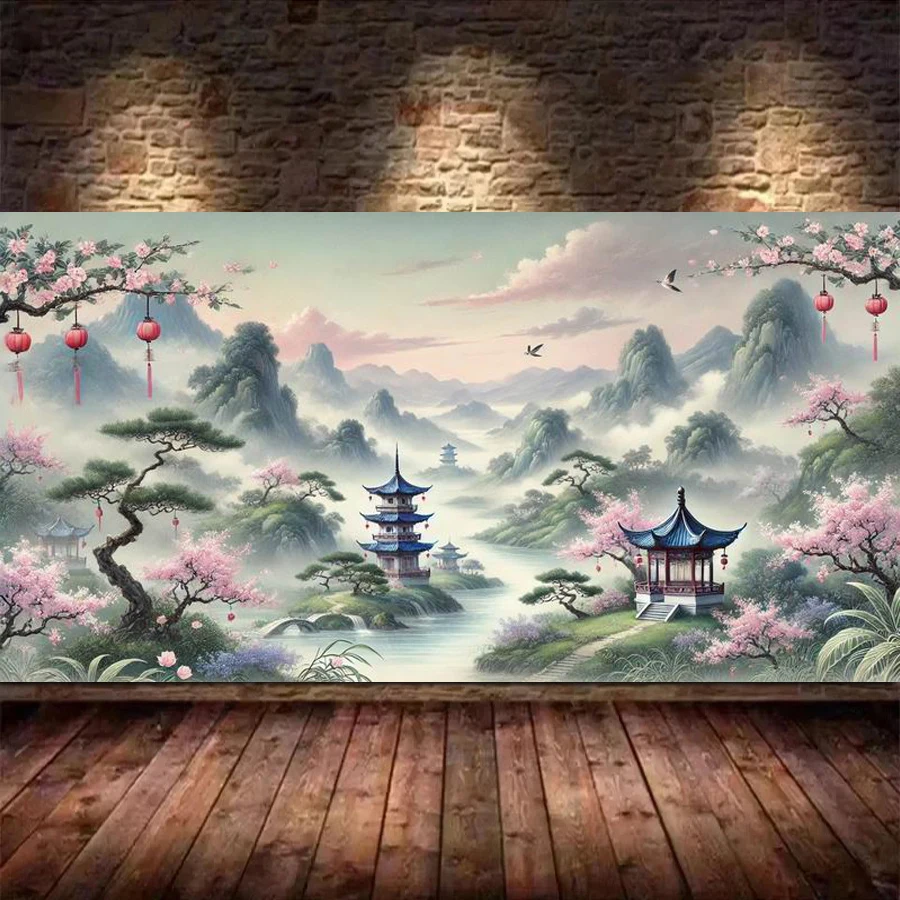 

Mountain and Forest Scenery Pavilion Large Size Diy Diamond Painting Kits Lake Temple Full Mosaic Embroidery Pictures 200x100cm