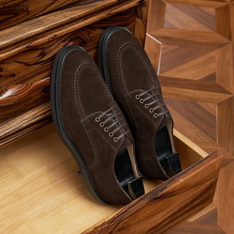 Coffee Men's Shoes Genuine Leather Cow Suede Business Casual Shoes Formal Round Toe Derby Shoes Frosted Cow Leather Men's Shoes