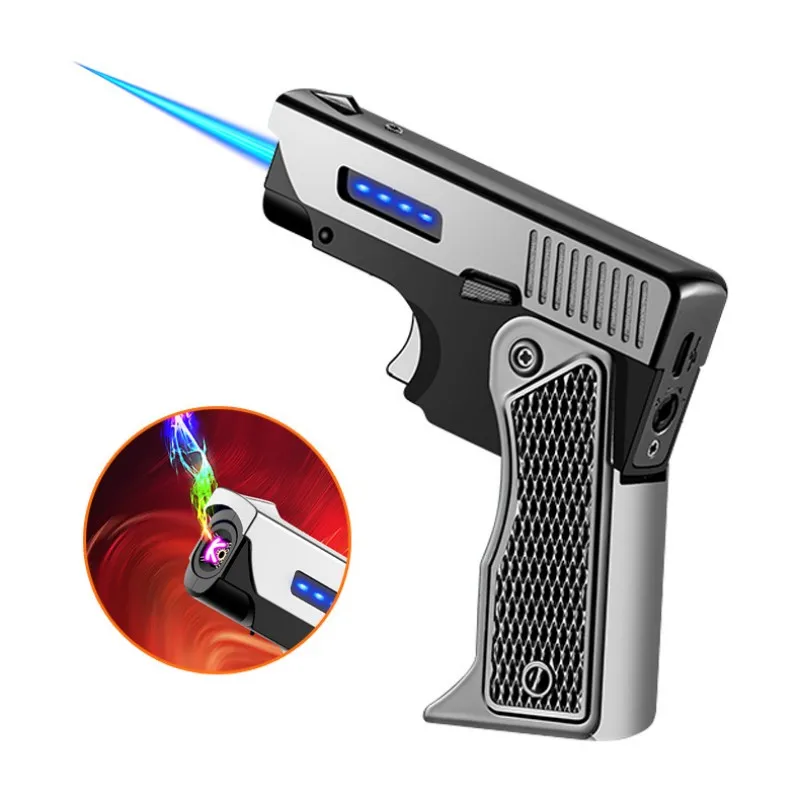 Unique Windproof Gas-Electric Plasma USB Rechargable Lighter Gift for Men Folding Gun Butane Torch Turbo Jet Flame Cigar Lighter