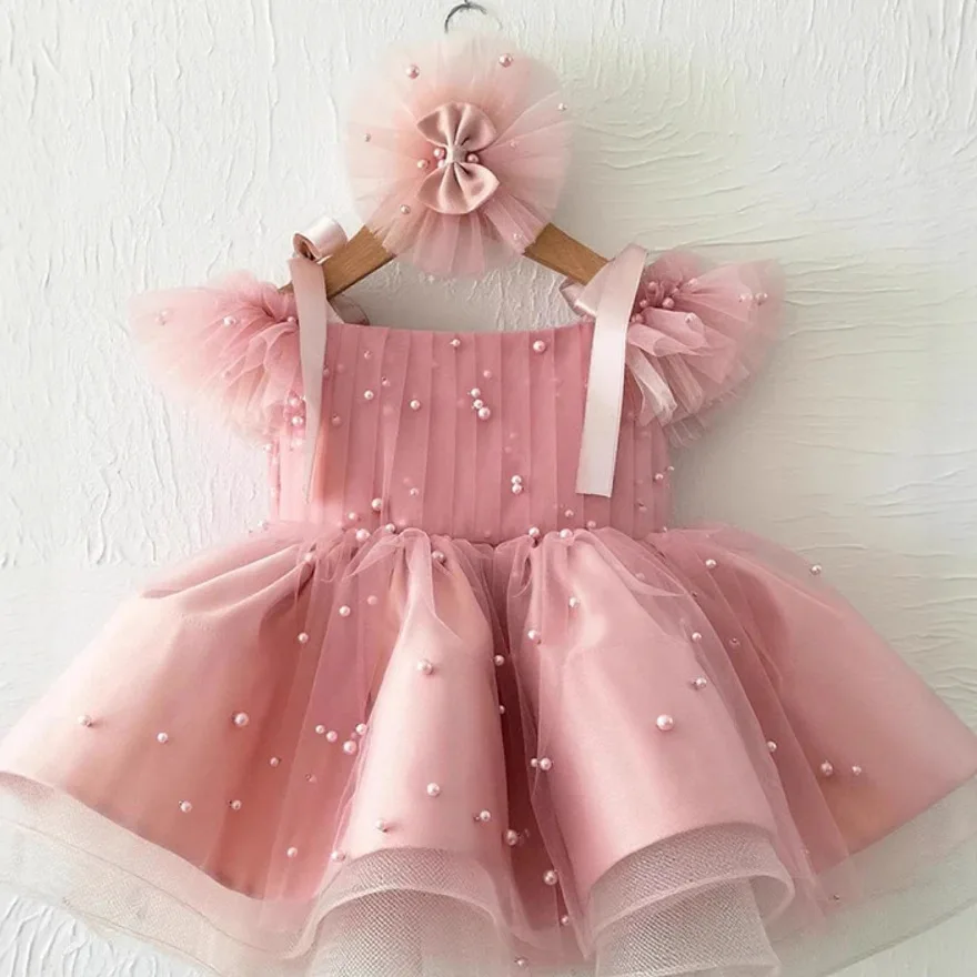 

Custom Flower Girl Dress Wedding Gown Birthday Party Dress Pearl Beaded Tulle Tutu Dress With Ruffle Sleeve And Hair Bow