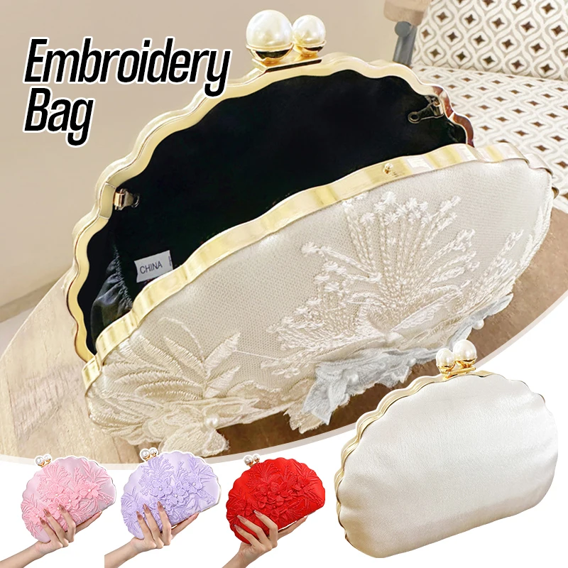 

Shell Clip Evening Bags New Fashion White Embroidered Lace Clutch Vacation Crossbody Chain Bag Bride Wedding Party Handbag Purse