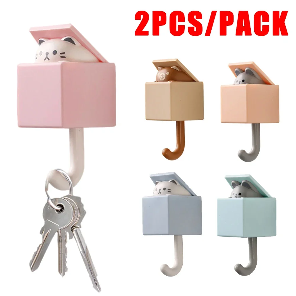 2/1Pcs Cartoon Cat Hooks Self Adhesive Wall Door Storage Hanger Hooks Keys Towel Coat Rack For Bedroom Home Decoration Organzier