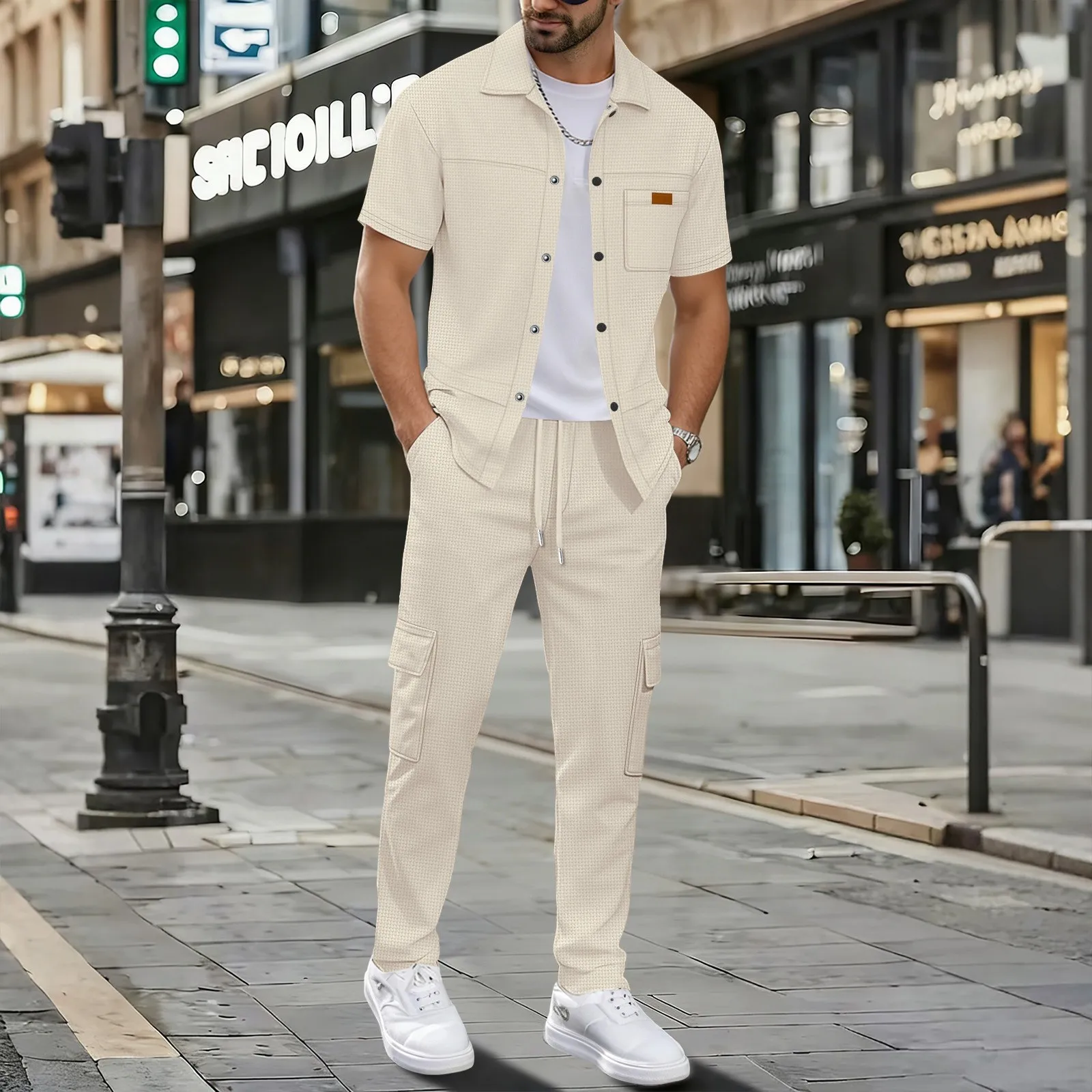 

Man Sets 2 Piece Set Summer Clothes Set Solid Color Long Pants Short Sleeve Shirt Cargo Pants Blue Black Casual Jacket Workwear