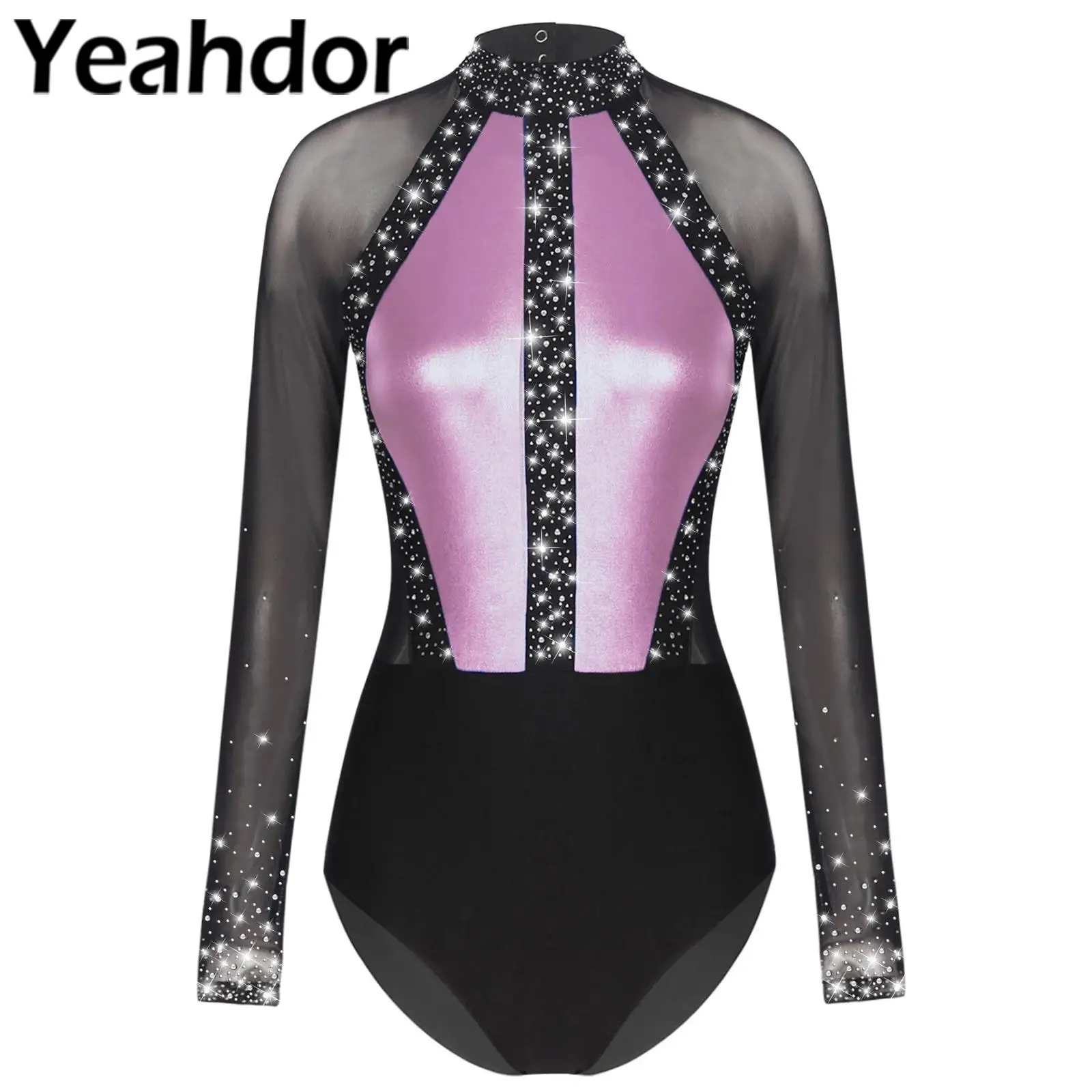 Womens Ballet Dance Leotard Color Block Metallic Gymnastics Workout Unitard  Long Sleeve Mock Neck Dance Bodysuit for Acrobatics