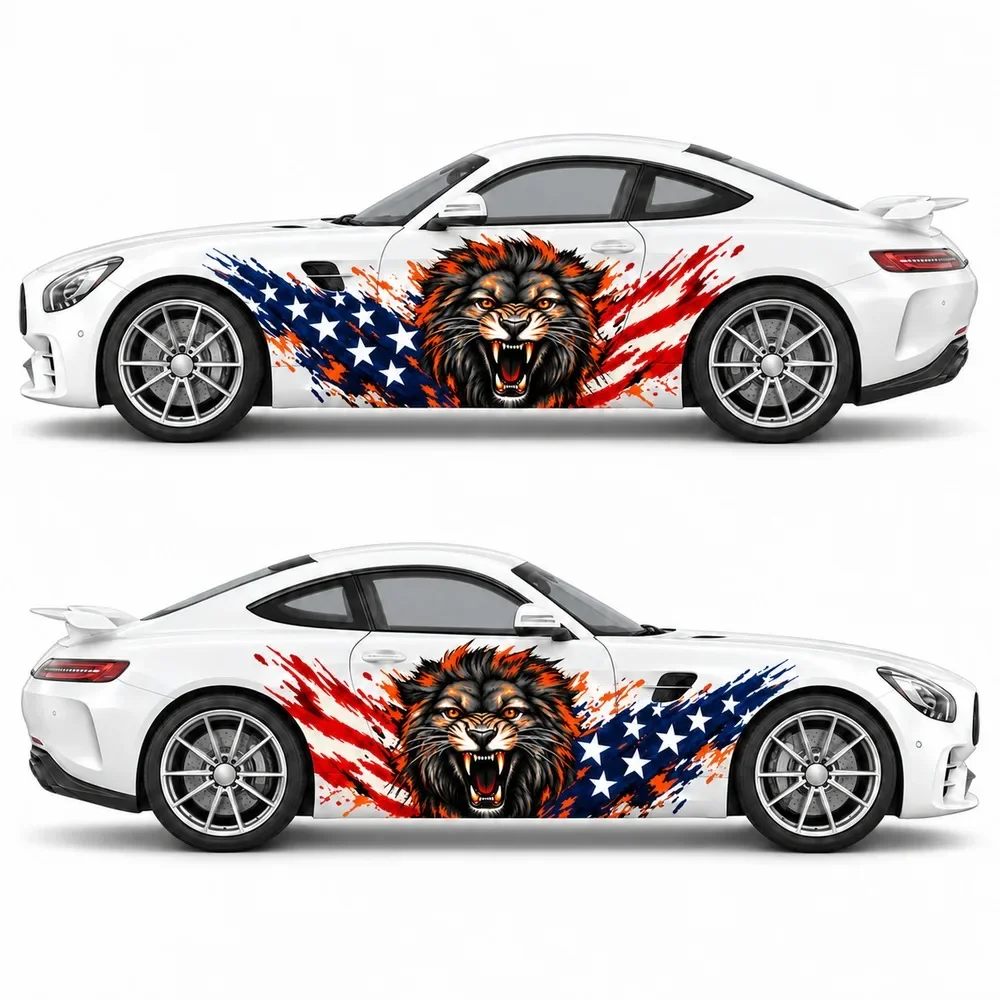 2 PCS American Flag Roaring Lion Splash Car Side Decals, Die-Cut Vinyl Sticker Set