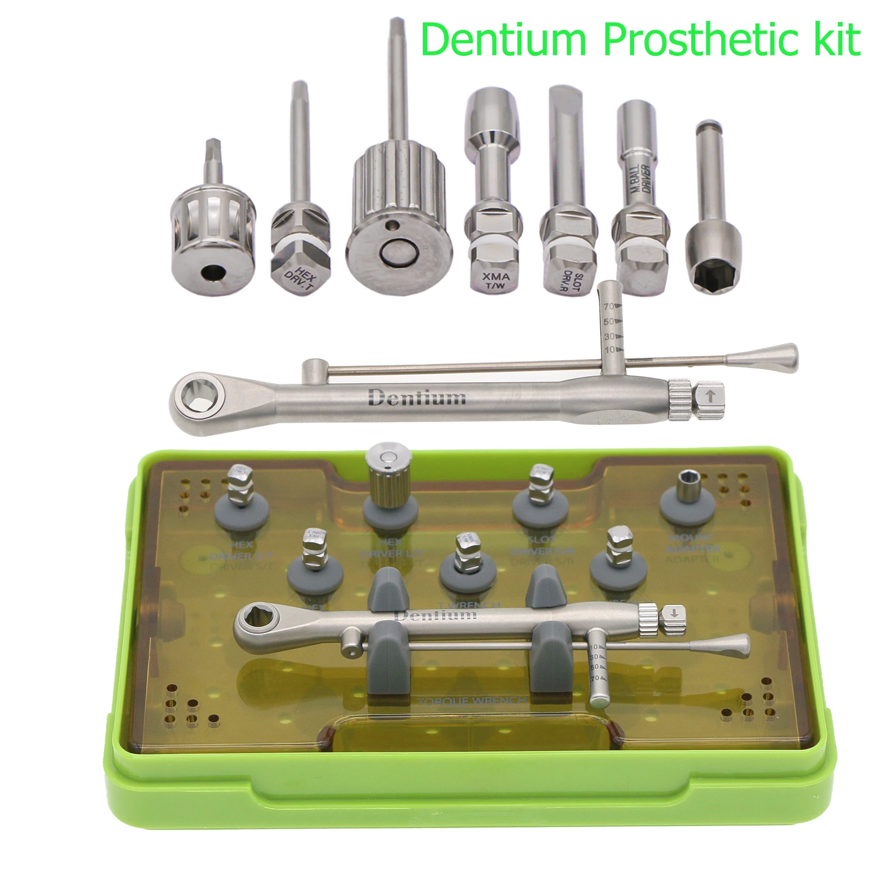 

Dentium Prosthetic Kit Dental Implant Torque Wrench 10-70NCM 7 Screwdrivers Screw Hand Hex Driver with Box Holder