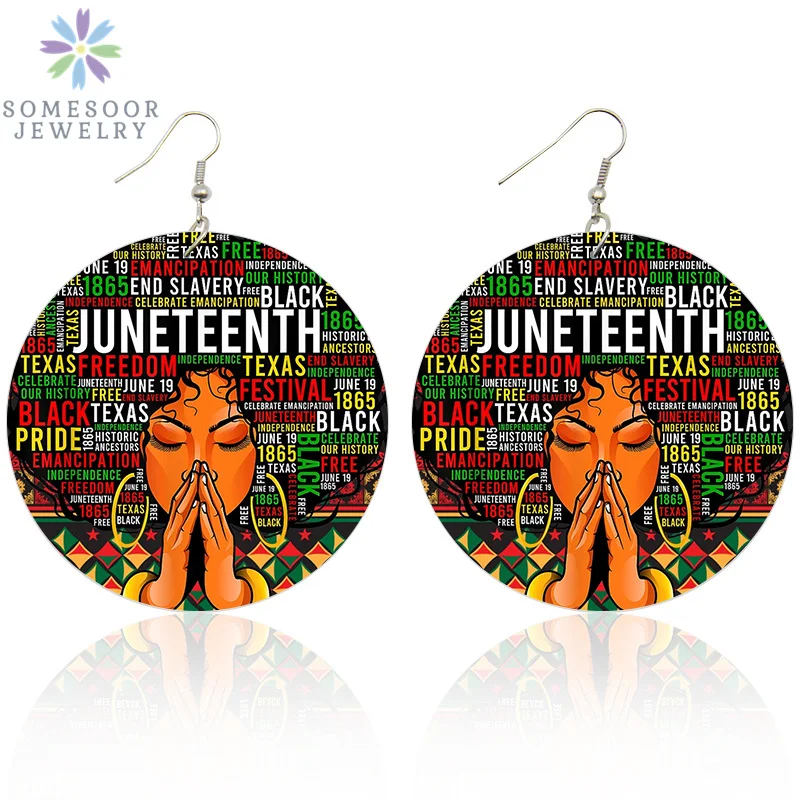 SOMESOOR Juneteenth Festival Afro Wooden Drop Earrings For Women Gifts American Freedom Black History Print Wood Dangle Jewelry