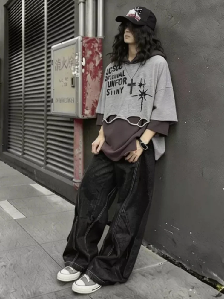Unsiex Gothic Punk Hoodies 2026 New Hip Hop Vintage Hooded Loose Fake Two Piece Letters Print Casual Street Short Sleeve T-shirt