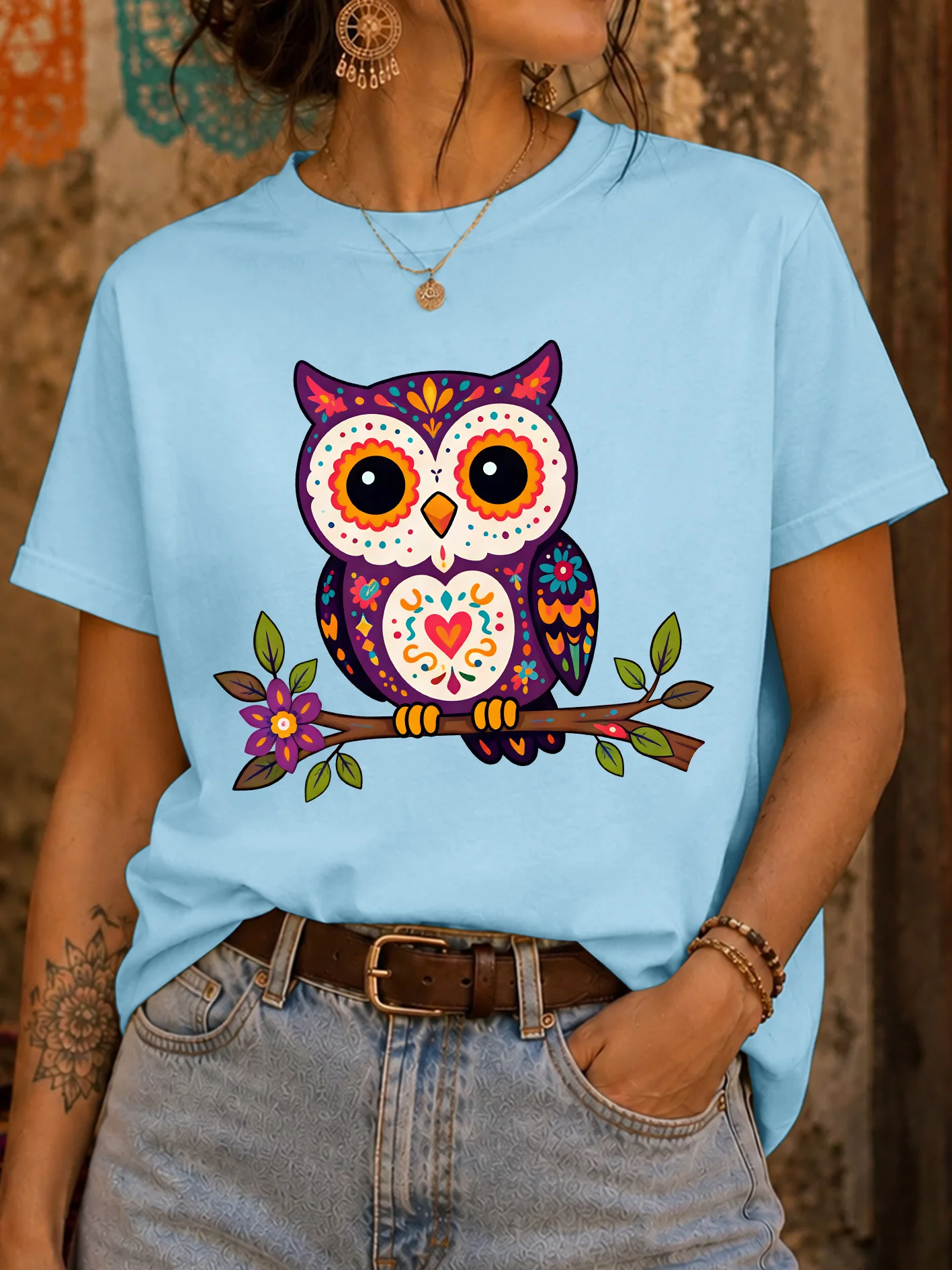 Colorful Sugar Skull Owl On Branch Womens Crew Neck Short Sleeve T Shirt Mexican Folk Art Cute Animal Graphic Tees For Ladies