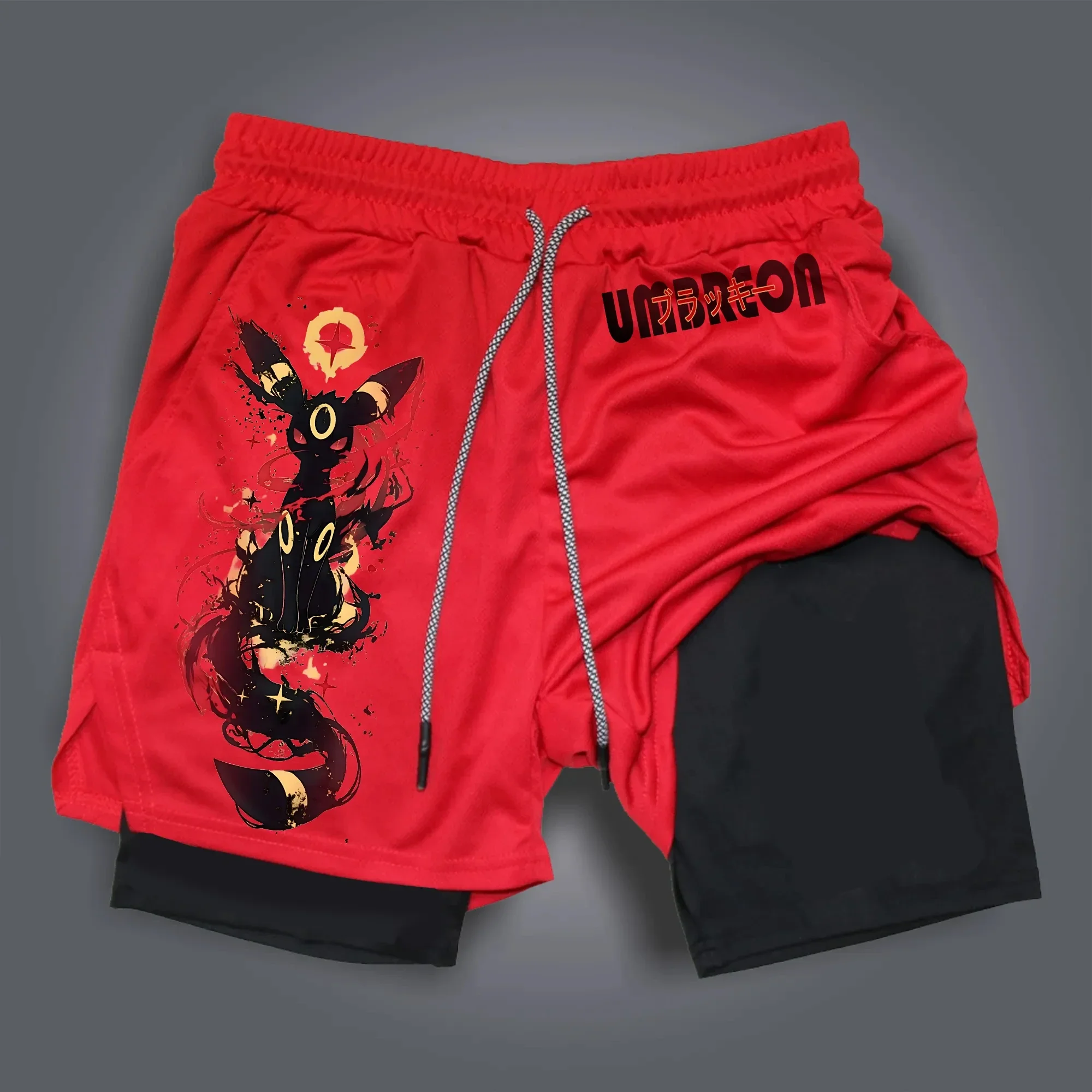 Pokémon Game Printed Red Double-layer Sports Shorts Men's and Women's Summer New Fitness 2-in-1 Breathable Quick Drying Shorts
