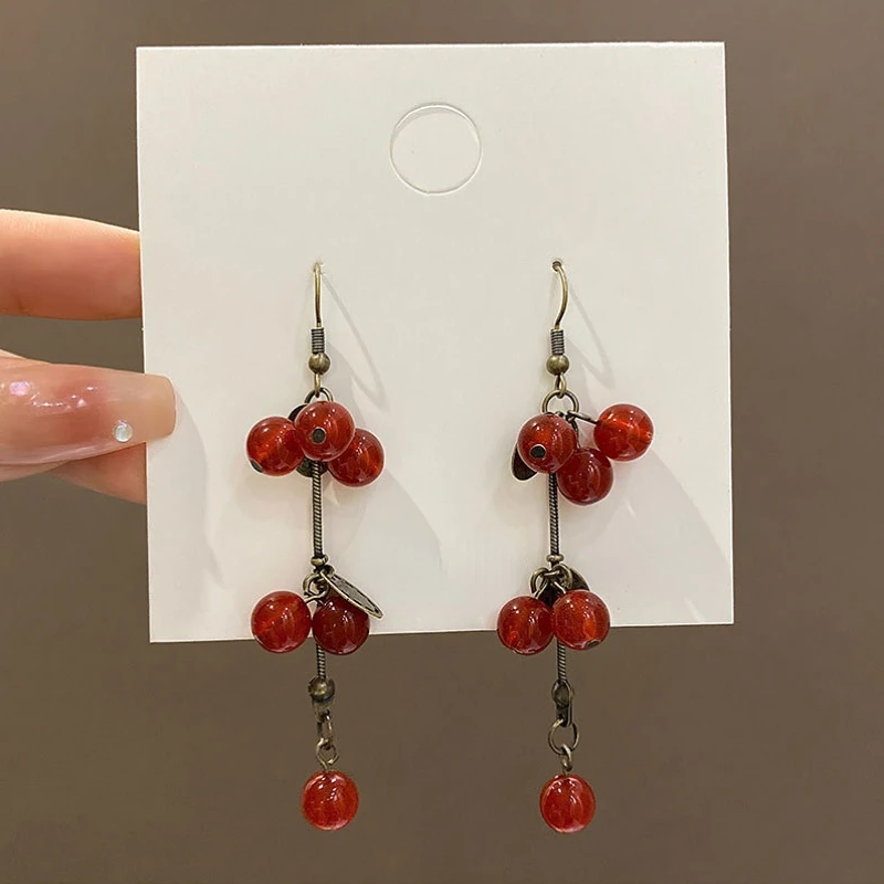 Vintage Fruit Long Tassel Earrings for Women Korean Retro Boho Red Berry Dangle Drop Earrings Wedding Party Fashion Jewelry Gift