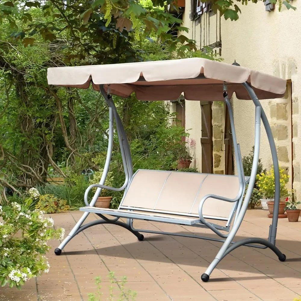 3-Seat Outdoor Porch Swing Chair, Patio Swing Glider with Adjustable Canopy, Breathable Seat