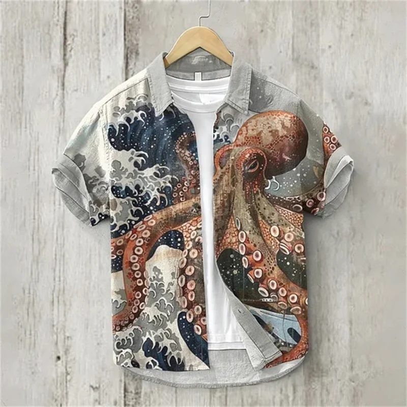 

New men's Hawaiian style retro fish pattern short-sleeve shirt, casual linen top, loose, breathable and stylish 2025.
